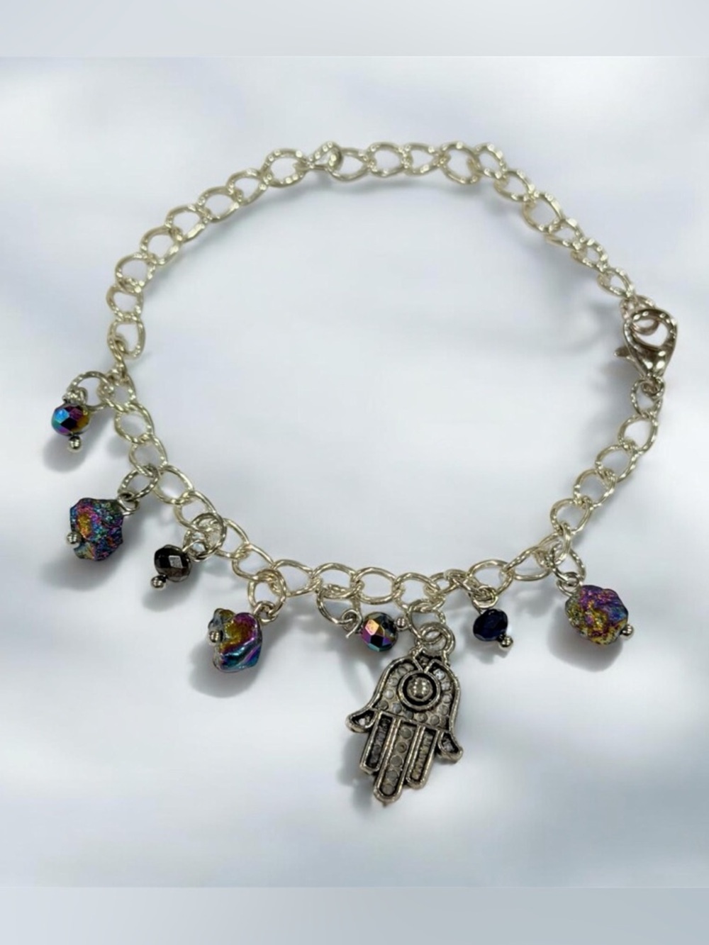 Silver Hamsa Charm Bracelet with Rainbow Pyrite and Crystal Spiritual Quartz 7in